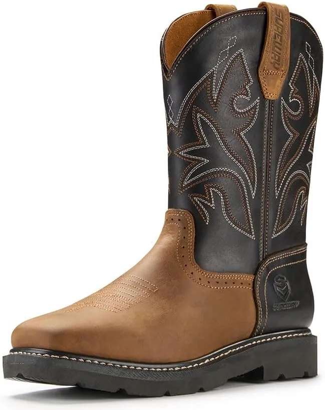 SUREWAY Cowboy Boots - Men’s Square Toe Work Boot,Pull On Leather Wellington Boots,Comfortable Durable Classic Slip Resistant Soft Toe Western Boot - slip on
