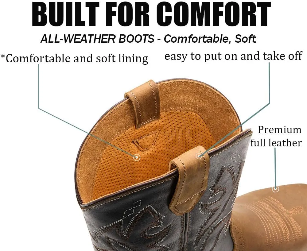 SUREWAY Cowboy Boots - Men’s Square Toe Work Boot,Pull On Leather Wellington Boots,Comfortable Durable Classic Slip Resistant Soft Toe Western Boot - slip on