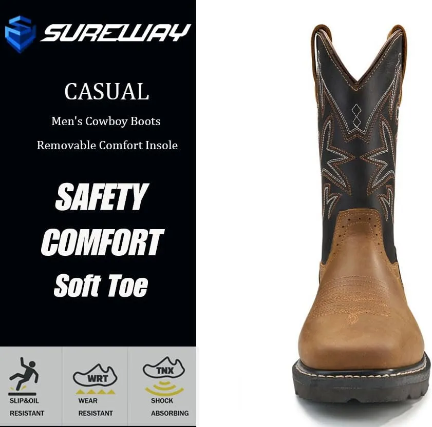 SUREWAY Cowboy Boots - Men’s Square Toe Work Boot,Pull On Leather Wellington Boots,Comfortable Durable Classic Slip Resistant Soft Toe Western Boot - slip on
