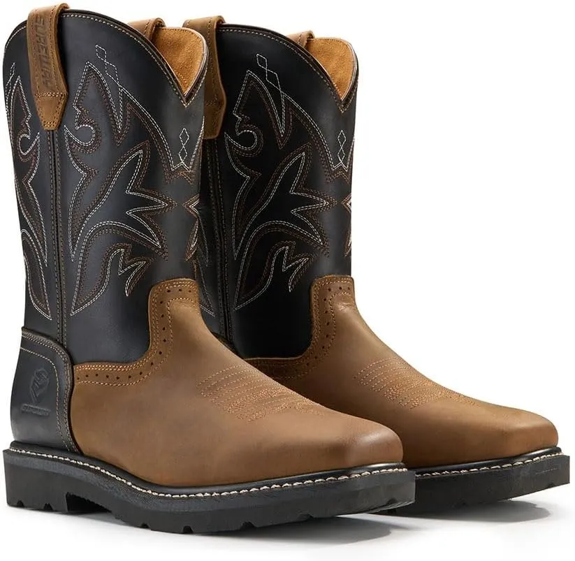 SUREWAY Cowboy Boots - Men’s Square Toe Work Boot,Pull On Leather Wellington Boots,Comfortable Durable Classic Slip Resistant Soft Toe Western Boot - slip on