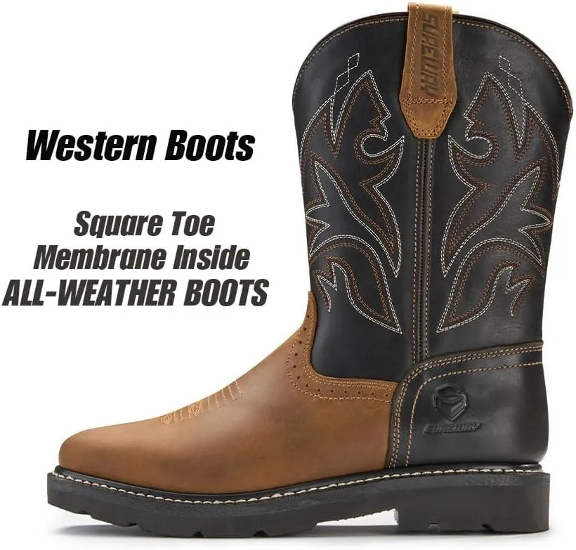 SUREWAY Cowboy Boots - Men’s Square Toe Work Boot,Pull On Leather Wellington Boots,Comfortable Durable Classic Slip Resistant Soft Toe Western Boot - slip on