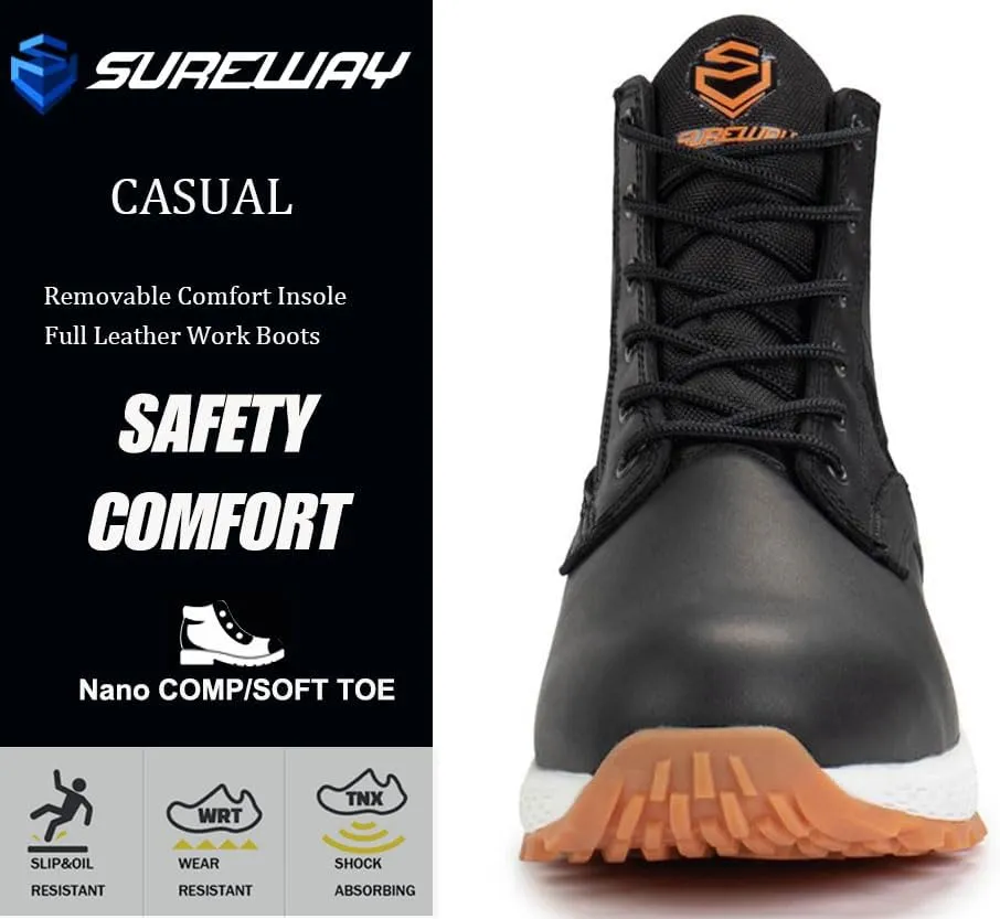 SUREWAY Men's Composite/Soft Toe Industrial Casual Work Boot,Slip Resistant, Anti-Fatigue Lightweight Utility Wedge work Shoes,Comfort Men Construction Safety Work Boots,Leather,Lace Up,Round Toe