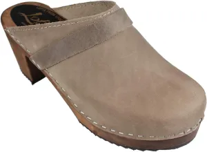 Swedish Classic High Heel Clogs for Women in Oiled Nubuck Taupe on Brown Base with Strap
