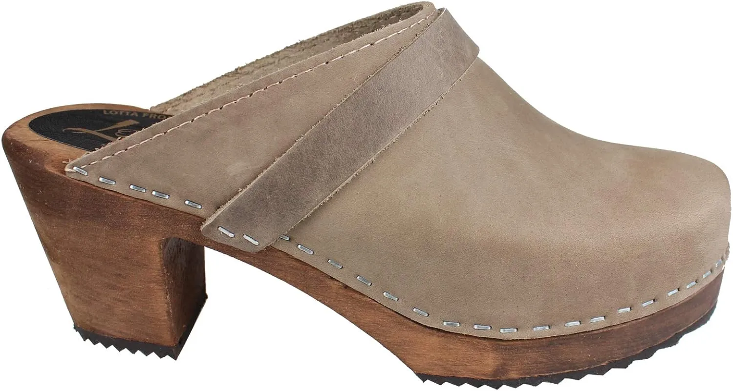 Swedish Classic High Heel Clogs for Women in Oiled Nubuck Taupe on Brown Base with Strap