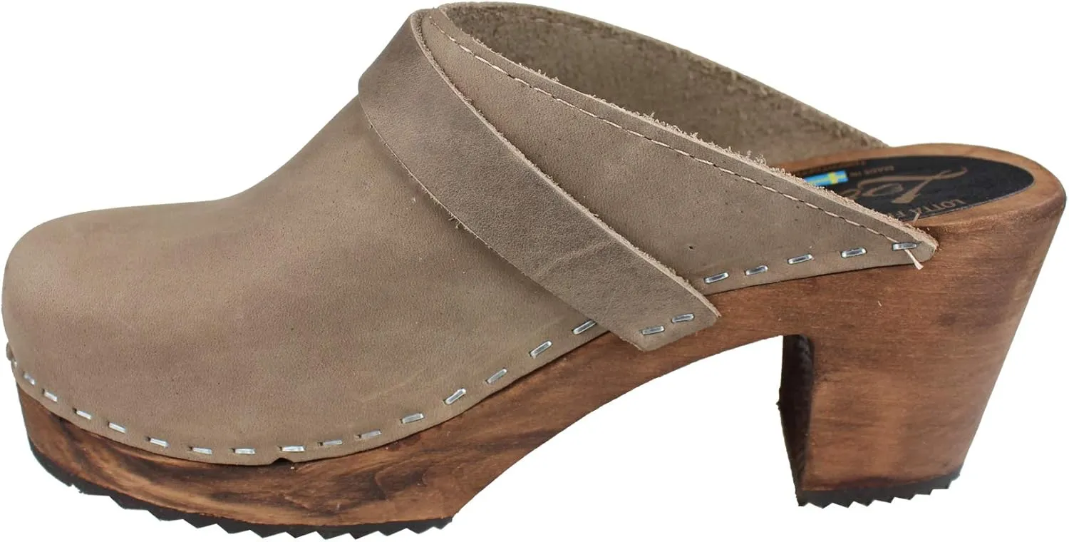 Swedish Classic High Heel Clogs for Women in Oiled Nubuck Taupe on Brown Base with Strap