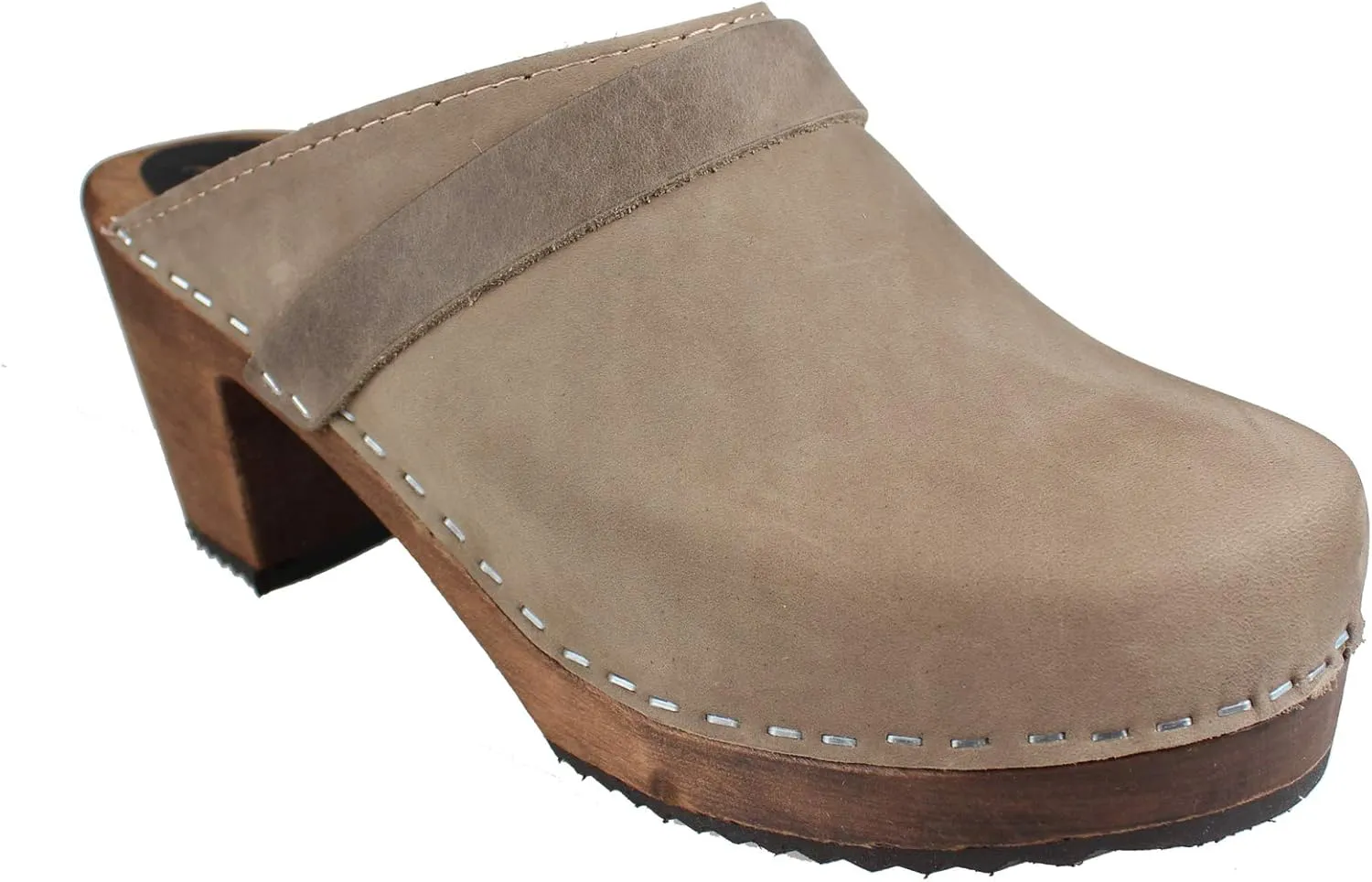 Swedish Classic High Heel Clogs for Women in Oiled Nubuck Taupe on Brown Base with Strap