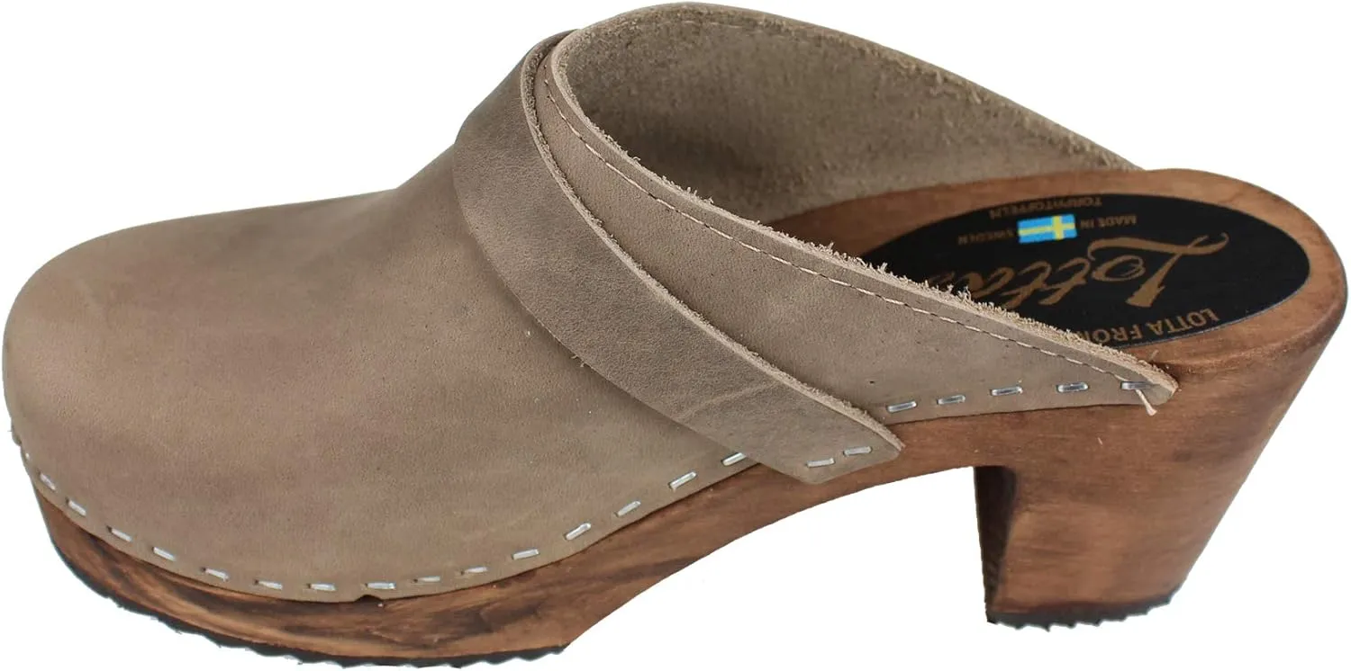 Swedish Classic High Heel Clogs for Women in Oiled Nubuck Taupe on Brown Base with Strap