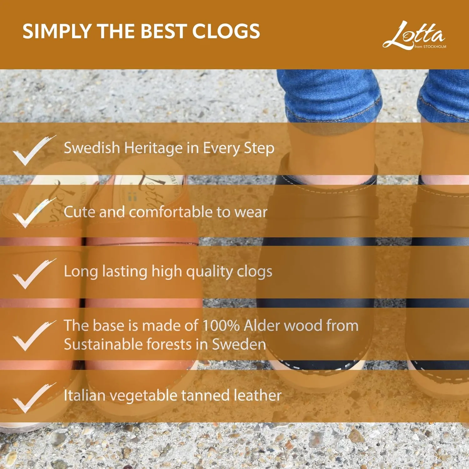 Swedish High Heel Classic Clogs - Tan Leather Clogs for Women I Comfortable Wooden Clog with 2 3/4 inch Heel & 1 inch Platform