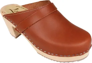 Swedish High Heel Classic Clogs - Tan Leather Clogs for Women I Comfortable Wooden Clog with 2 3/4 inch Heel & 1 inch Platform
