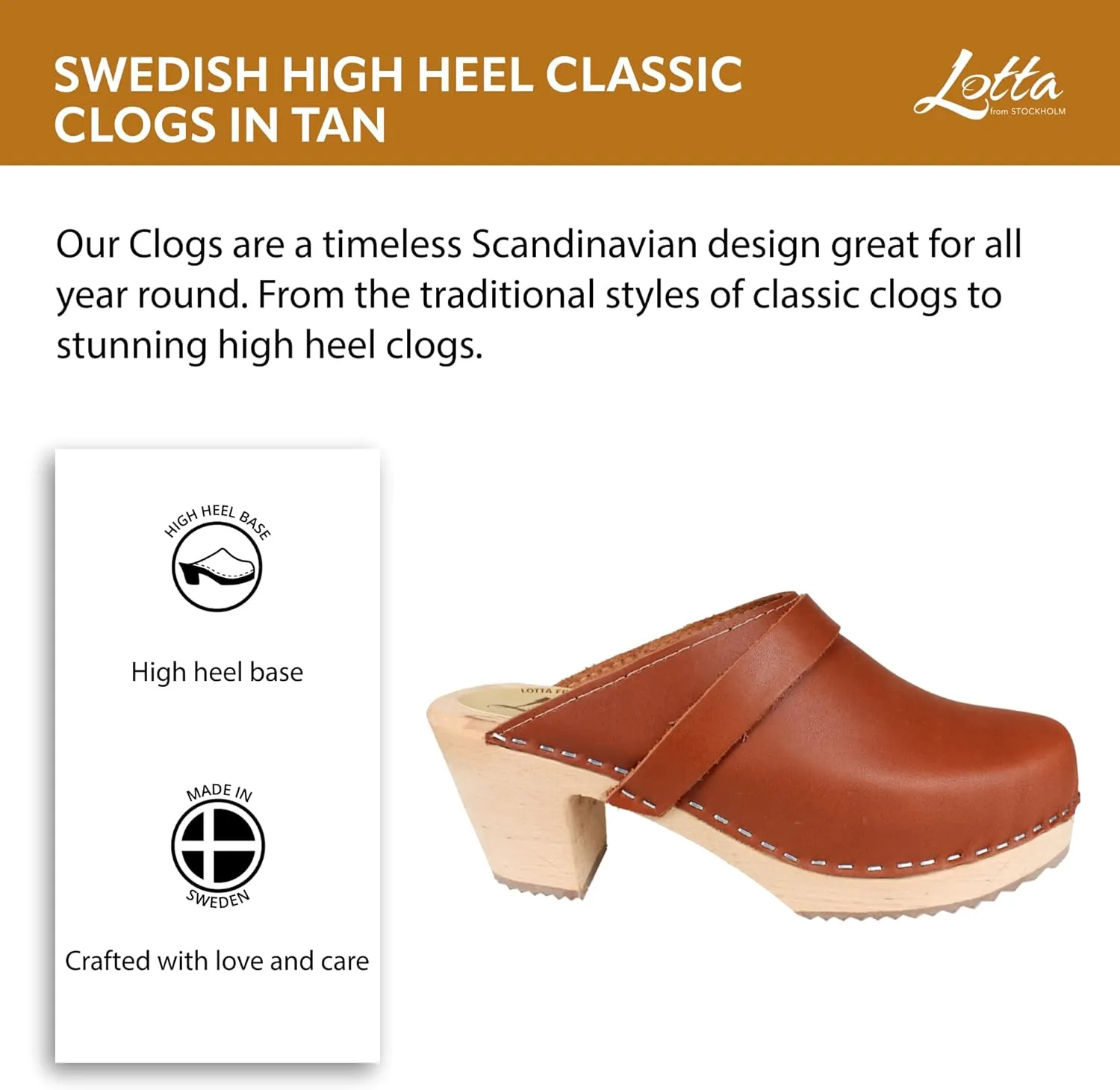 Swedish High Heel Classic Clogs - Tan Leather Clogs for Women I Comfortable Wooden Clog with 2 3/4 inch Heel & 1 inch Platform