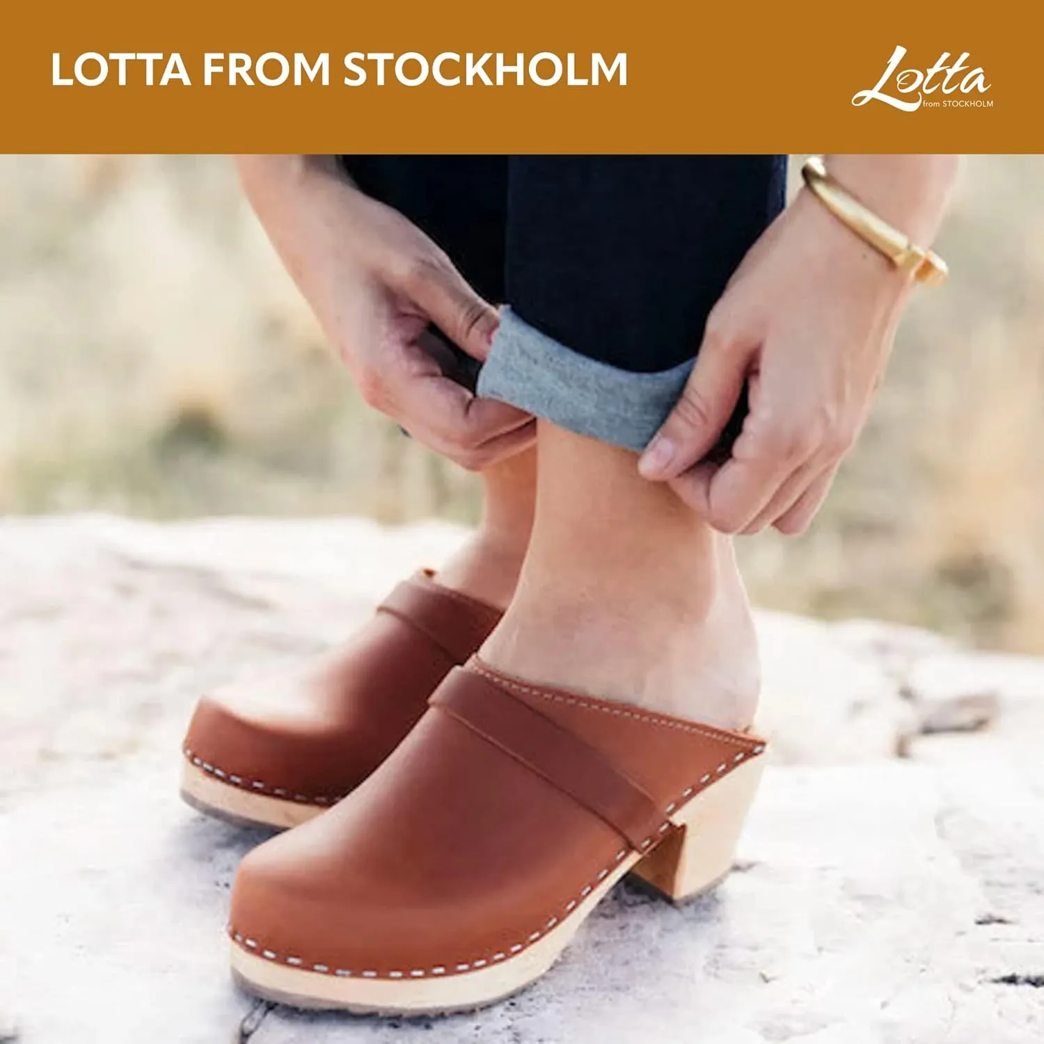 Swedish High Heel Classic Clogs - Tan Leather Clogs for Women I Comfortable Wooden Clog with 2 3/4 inch Heel & 1 inch Platform