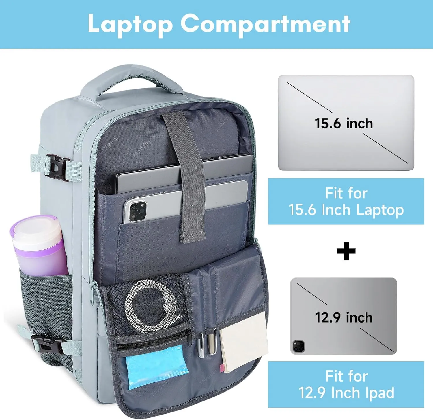 Taygeer Carry On Backpack, 35l Travel Backpack for Women Airline Approved, Cute Underseat Personal Item Travel Bag With Shoe Compartment, Casual Daypack Gifts for Friend Hiking Outdoor Weekend,Blue