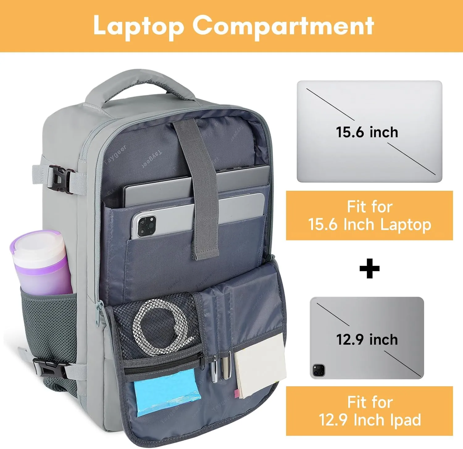 Taygeer Carry On Backpack, Womens Travel Backpack with USB Charging Port & Shoe Pouch, Laptop Mochila 15.6inch Flight Approved, College Teacher Tote Bag for Business Travel Supplies, Grey