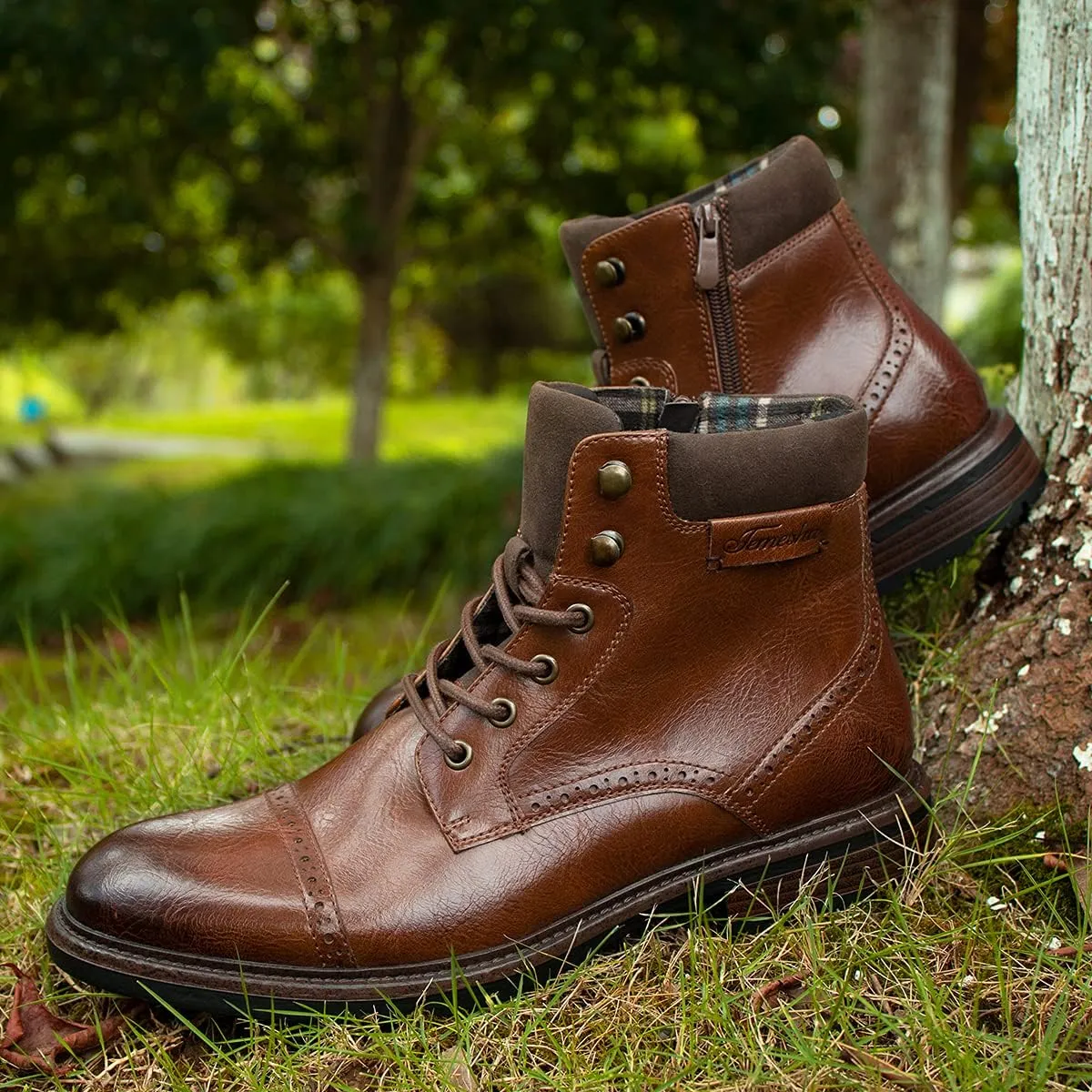 Temeshu Mens Casual Lace Up Motorcycle Boots Classic Combat Ankle Boots(with shoelaces) HH06