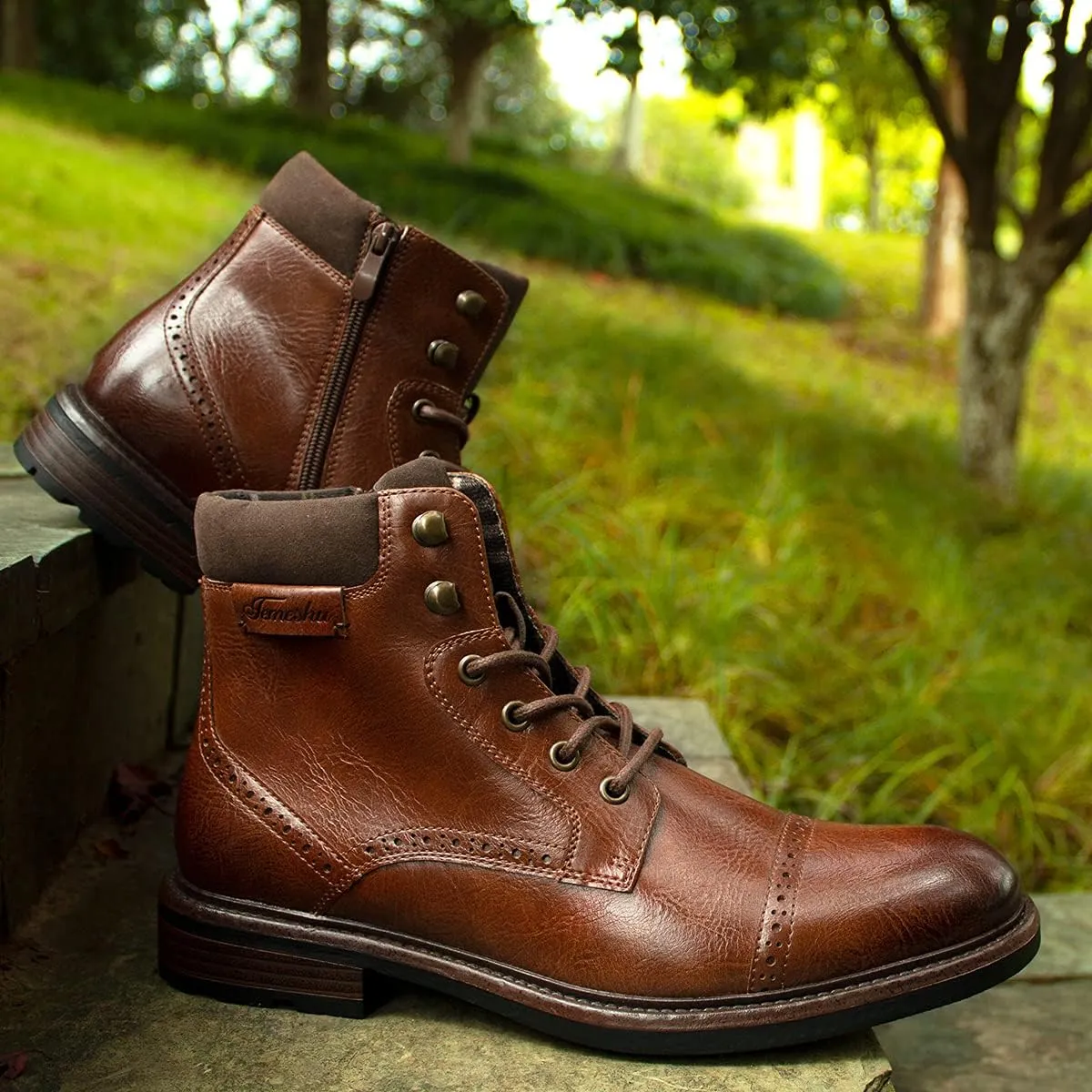 Temeshu Mens Casual Lace Up Motorcycle Boots Classic Combat Ankle Boots(with shoelaces) HH06