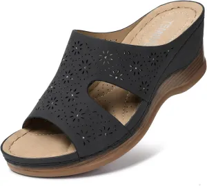 TEMOFON Women Wedge Sandals Dressy: Soft Leather Sandal, Rubber Sole, Comfortable Walking, Casual Slip on Summer Sandals