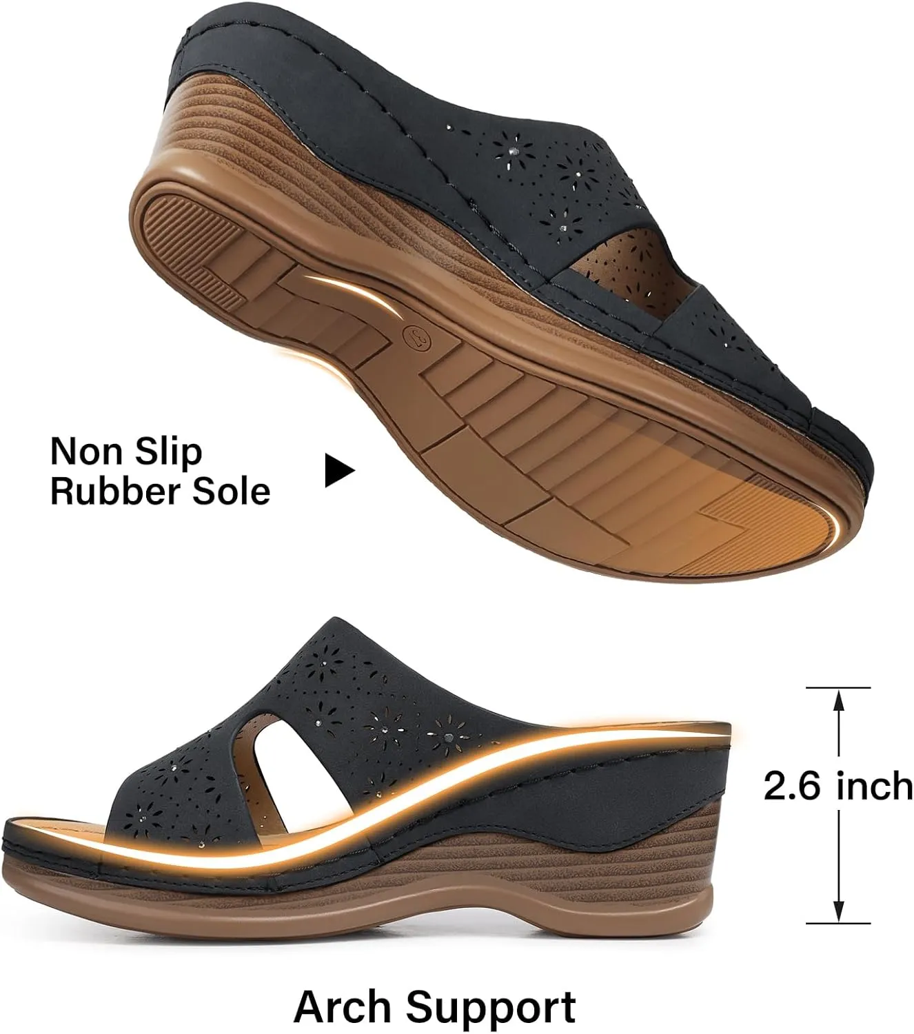 TEMOFON Women Wedge Sandals Dressy: Soft Leather Sandal, Rubber Sole, Comfortable Walking, Casual Slip on Summer Sandals