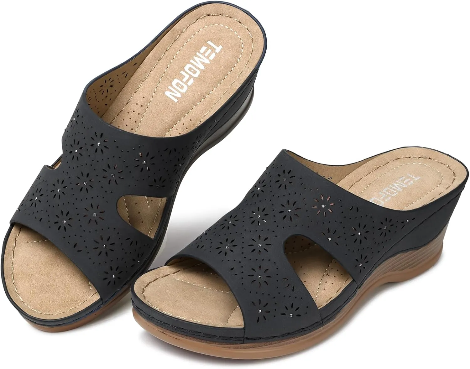 TEMOFON Women Wedge Sandals Dressy: Soft Leather Sandal, Rubber Sole, Comfortable Walking, Casual Slip on Summer Sandals