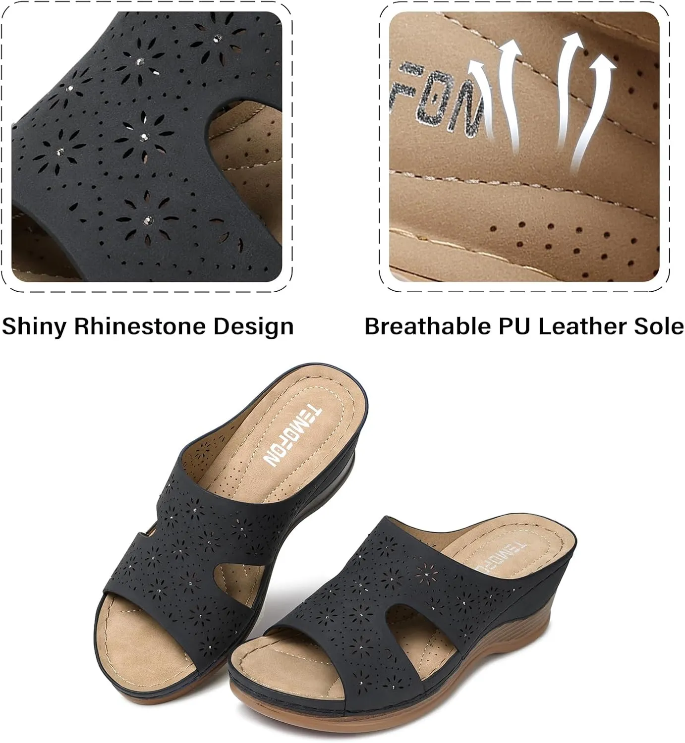 TEMOFON Women Wedge Sandals Dressy: Soft Leather Sandal, Rubber Sole, Comfortable Walking, Casual Slip on Summer Sandals