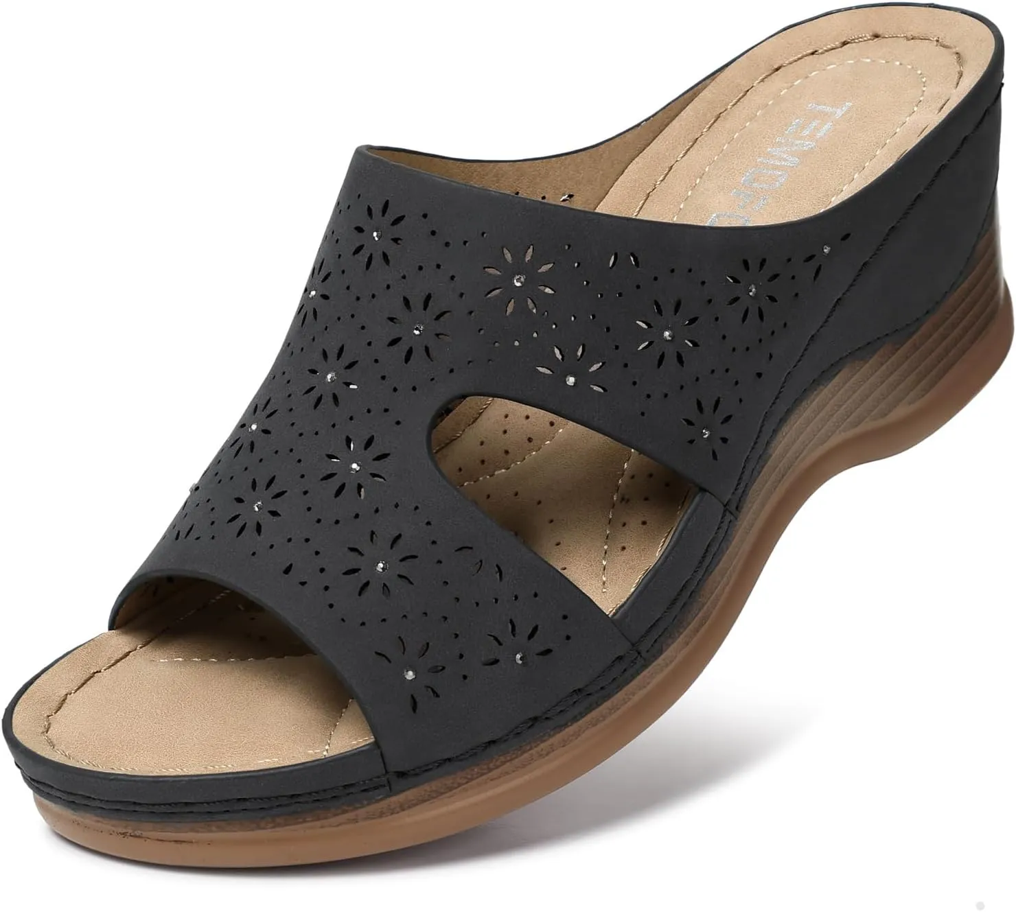 TEMOFON Women Wedge Sandals Dressy: Soft Leather Sandal, Rubber Sole, Comfortable Walking, Casual Slip on Summer Sandals