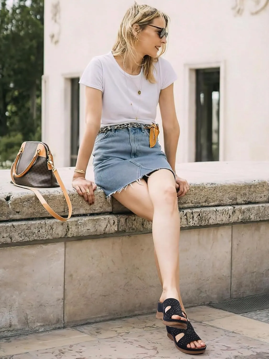 TEMOFON Women Wedge Sandals Summer: Comfortable Walking, Rubber Sole, Soft Leather, Dressy Casual Slip on Sandal Shoes Size 5-11