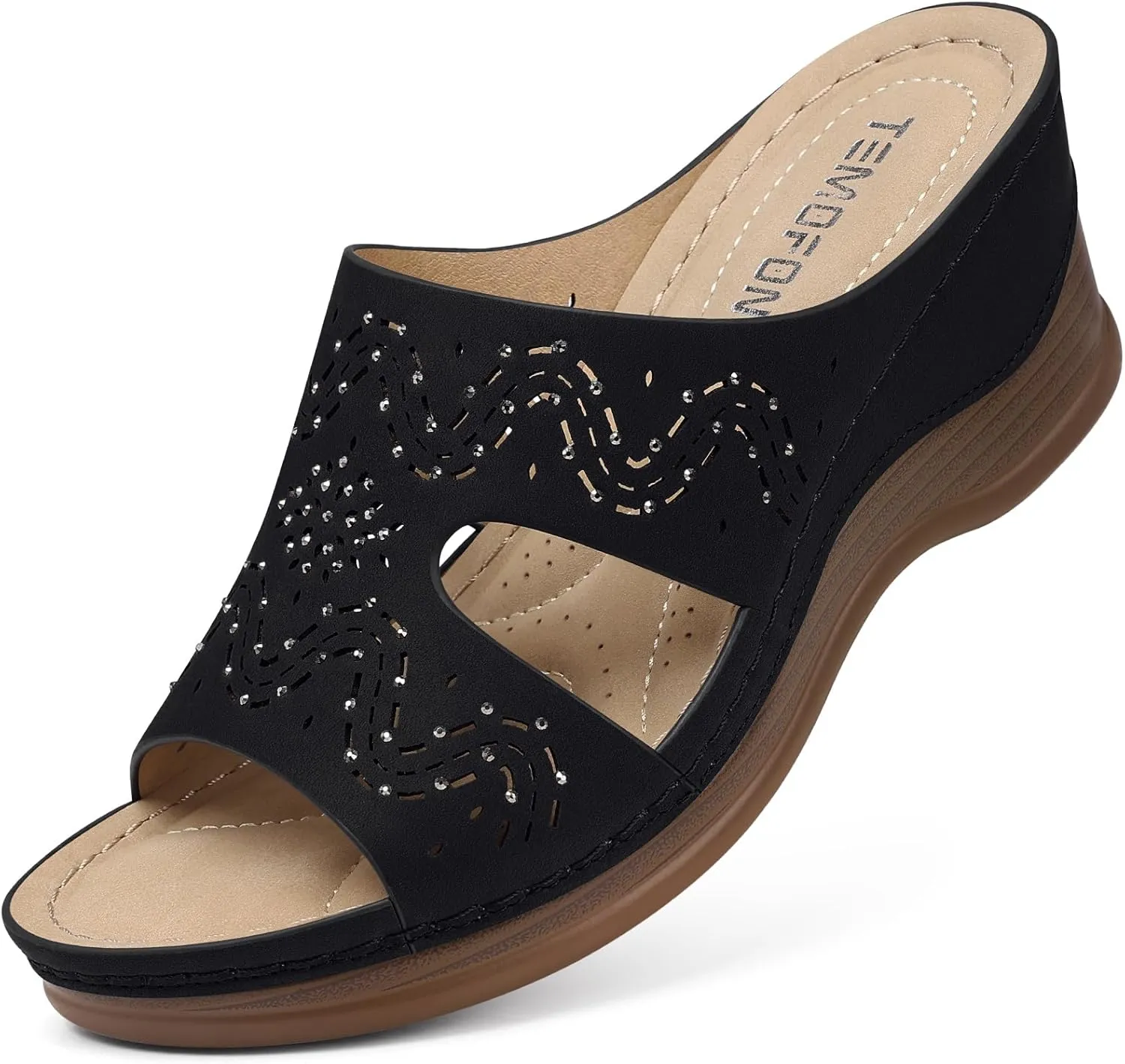 TEMOFON Women Wedge Sandals Summer: Comfortable Walking, Rubber Sole, Soft Leather, Dressy Casual Slip on Sandal Shoes Size 5-11