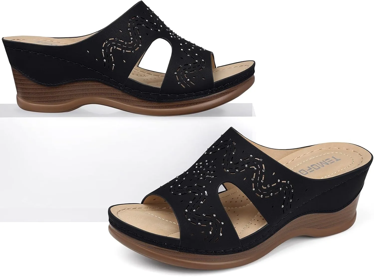 TEMOFON Women Wedge Sandals Summer: Comfortable Walking, Rubber Sole, Soft Leather, Dressy Casual Slip on Sandal Shoes Size 5-11