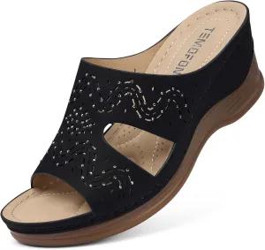 TEMOFON Women Wedge Sandals Summer: Comfortable Walking, Rubber Sole, Soft Leather, Dressy Casual Slip on Sandal Shoes Size 5-11