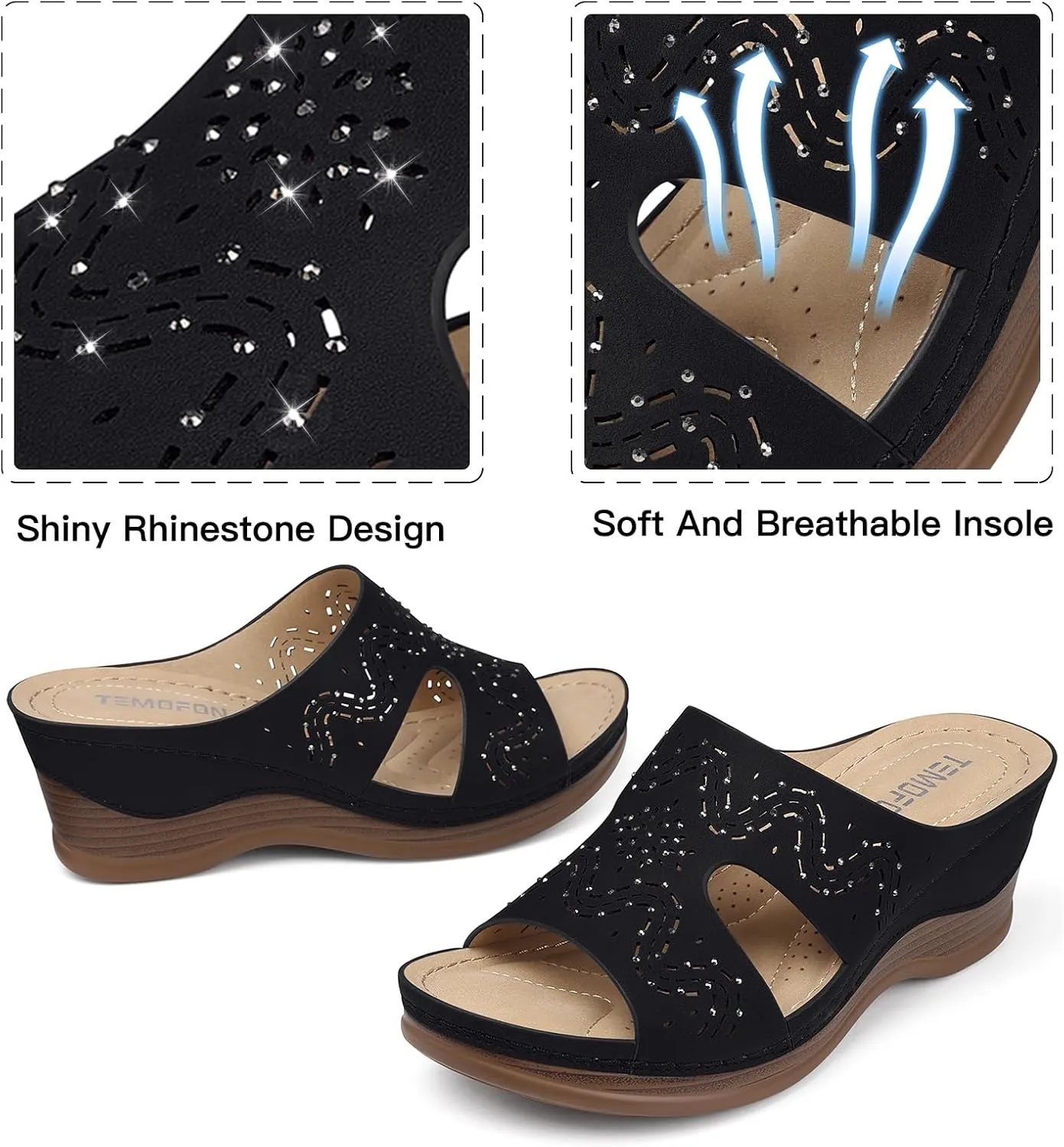 TEMOFON Women Wedge Sandals Summer: Comfortable Walking, Rubber Sole, Soft Leather, Dressy Casual Slip on Sandal Shoes Size 5-11