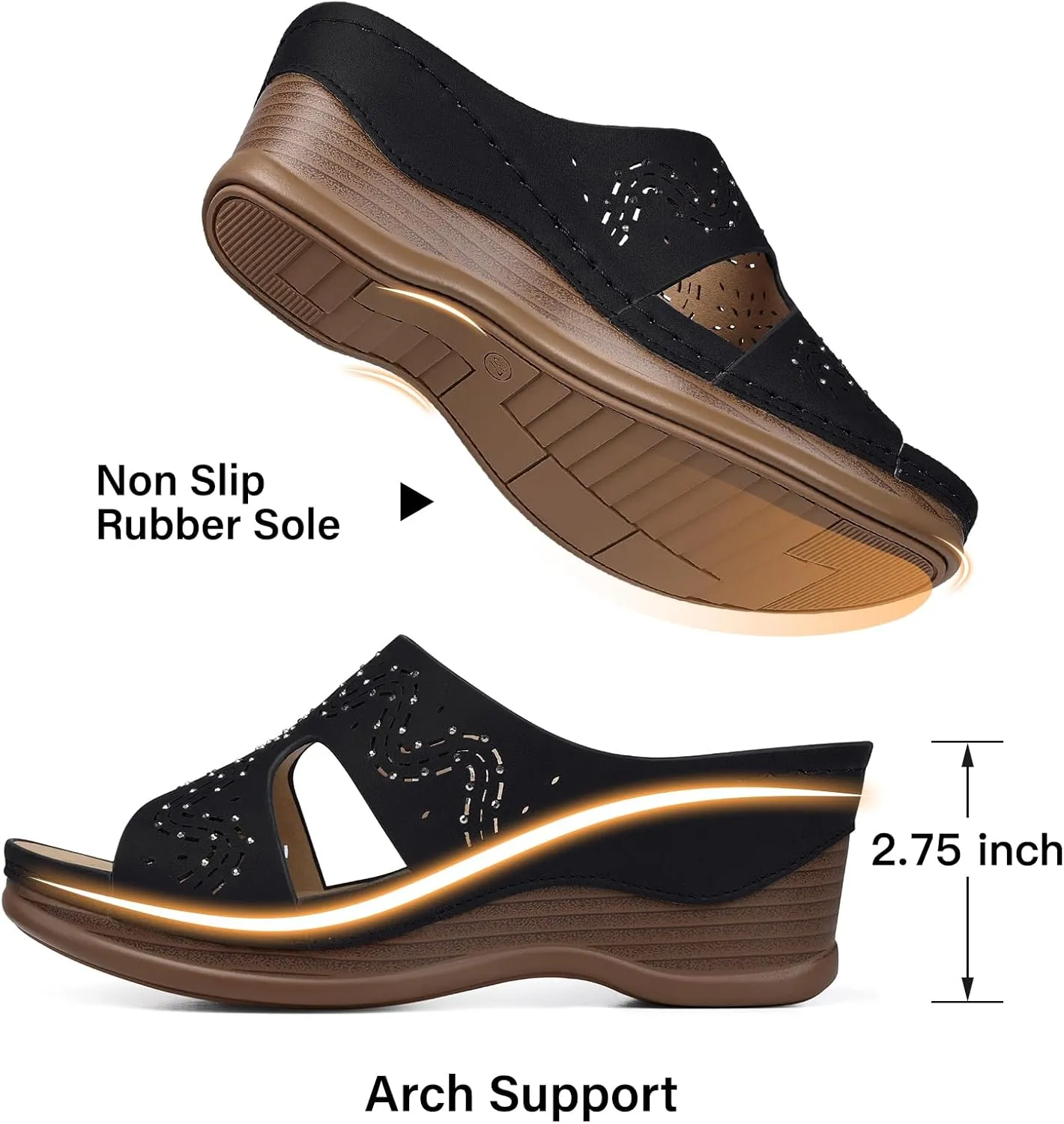 TEMOFON Women Wedge Sandals Summer: Comfortable Walking, Rubber Sole, Soft Leather, Dressy Casual Slip on Sandal Shoes Size 5-11