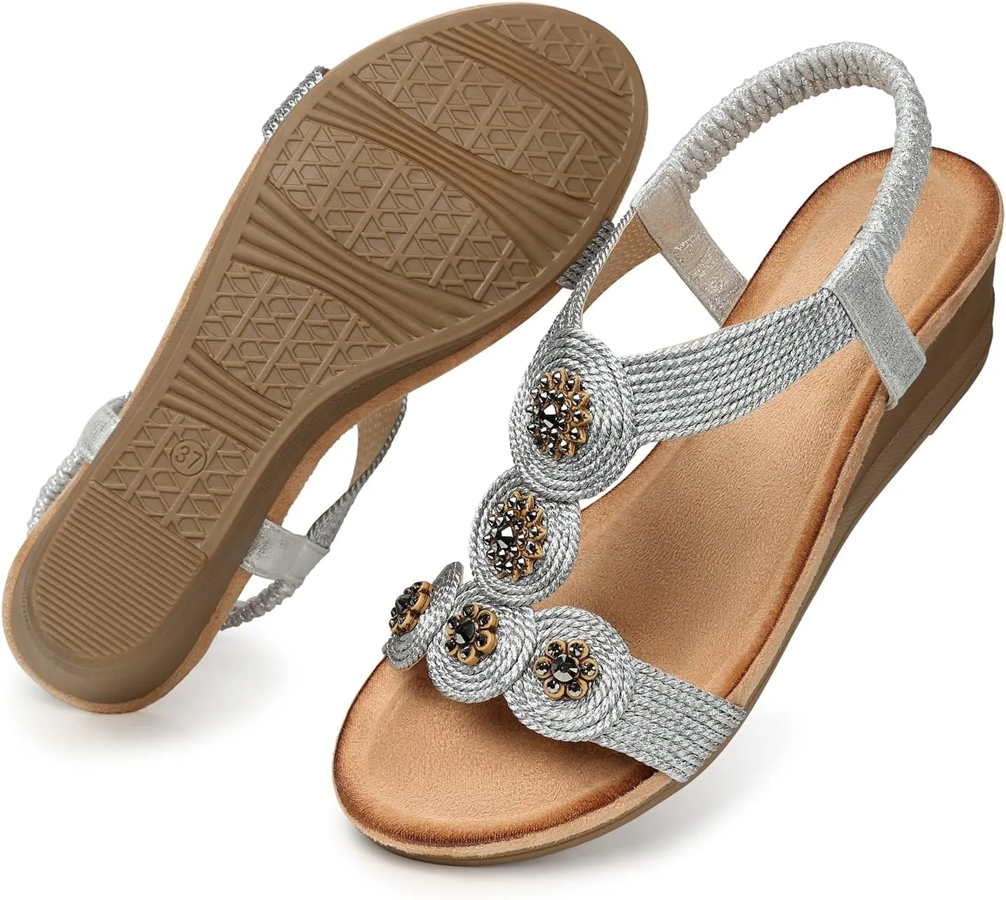 TEMOFON Womens Wedge Dressy Sandals: Elastic Ankle Strap Sandals - Summer Beach Open Toe - Comfortable Walking Sandals Size 5-11