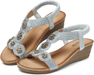 TEMOFON Womens Wedge Dressy Sandals: Elastic Ankle Strap Sandals - Summer Beach Open Toe - Comfortable Walking Sandals Size 5-11