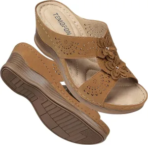 TEMOFON Womens Wedge Sandals Leather: Dressy Sandal, Rubber Sole, Comfortable Walking, Casual Slip on Summer Shoes, Size 5-11