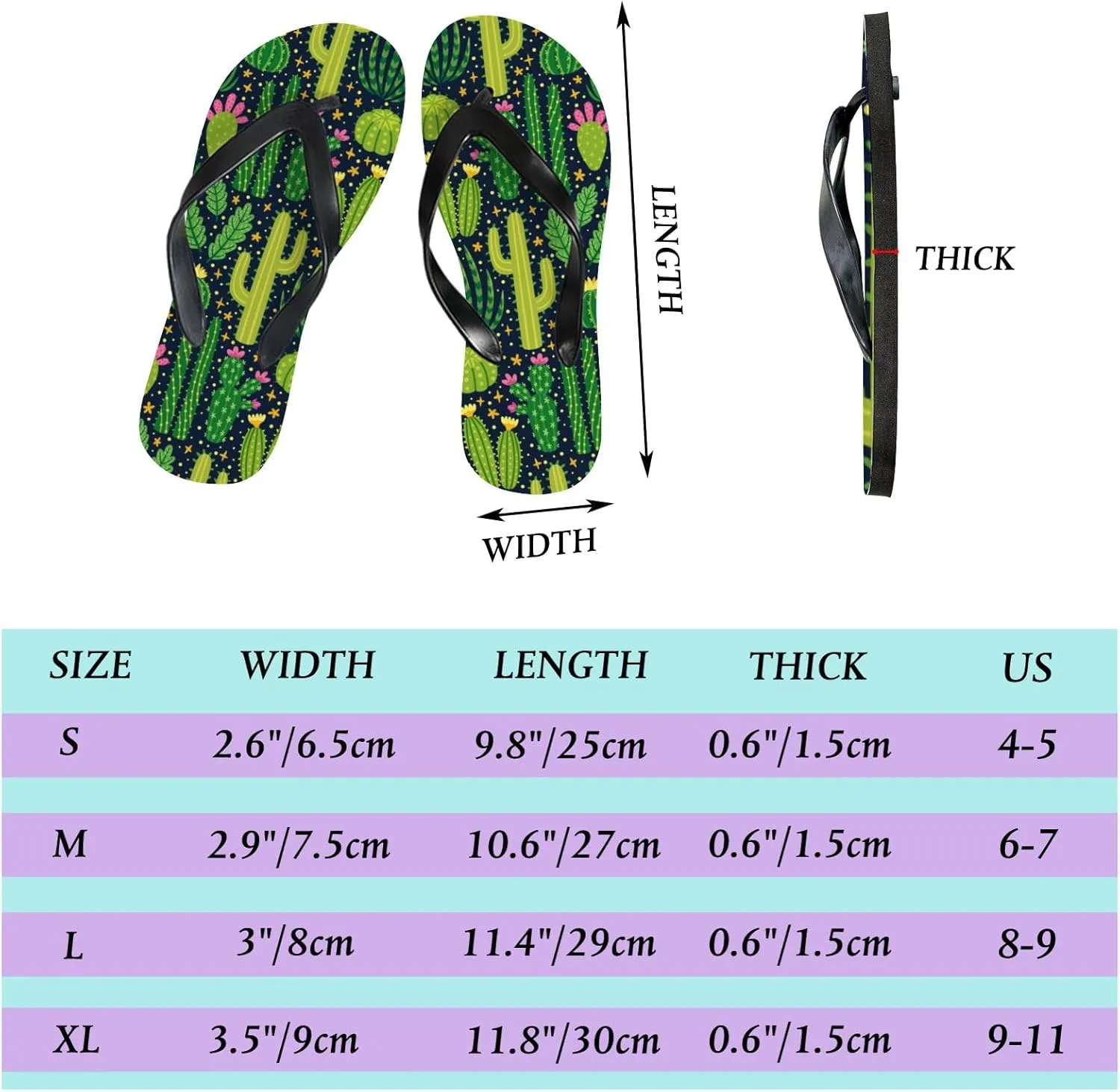 Thong Slippers Flip Flops for Women Bright Different Cactus Casual Flat Slide Beach Slippers Sandals Shower Shoes