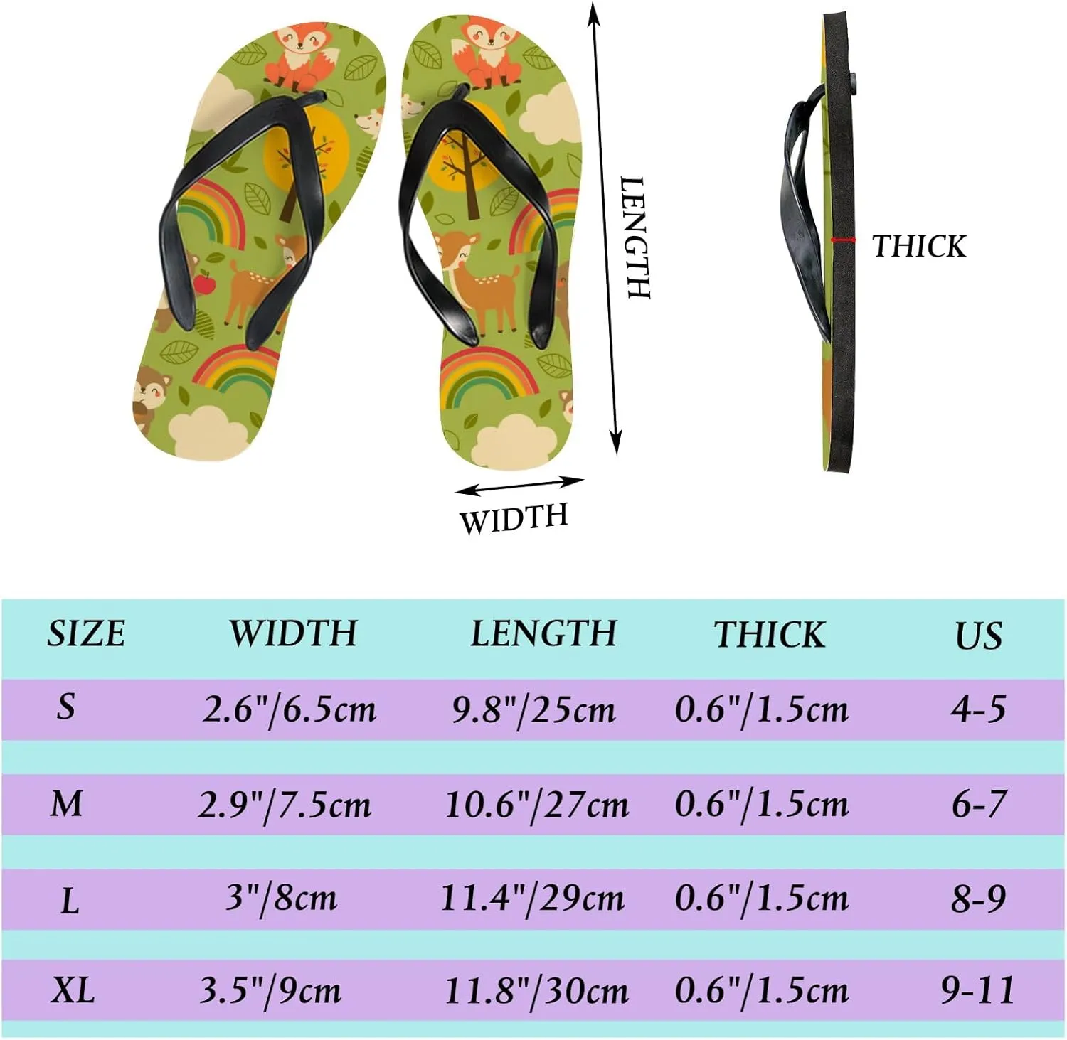 Thong Slippers Flip Flops for Women Cute Woodland Animals Rainbow Casual Flat Slide Beach Slippers Sandals Shower Shoes