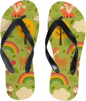Thong Slippers Flip Flops for Women Cute Woodland Animals Rainbow Casual Flat Slide Beach Slippers Sandals Shower Shoes