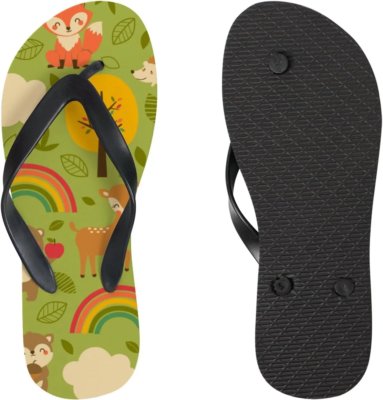 Thong Slippers Flip Flops for Women Cute Woodland Animals Rainbow Casual Flat Slide Beach Slippers Sandals Shower Shoes