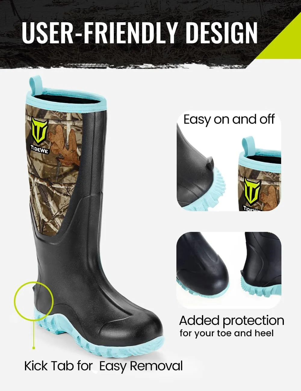 TIDEWE Rubber Boots for Women Multi-Season, Waterproof Rain Boots with Steel Shank, 6mm Neoprene Durable Rubber Outdoor Hunting Boots (Pink & Green)