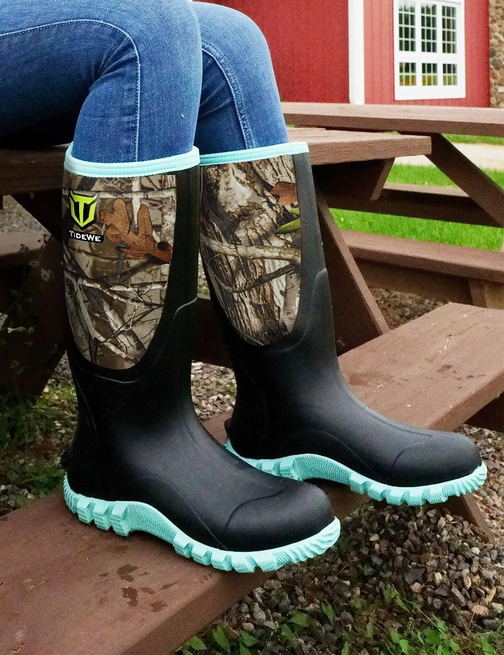 TIDEWE Rubber Boots for Women Multi-Season, Waterproof Rain Boots with Steel Shank, 6mm Neoprene Durable Rubber Outdoor Hunting Boots (Pink & Green)