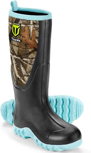TIDEWE Rubber Boots for Women Multi-Season, Waterproof Rain Boots with Steel Shank, 6mm Neoprene Durable Rubber Outdoor Hunting Boots (Pink & Green)