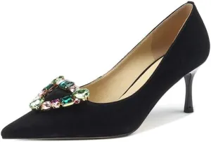 TinaCus Pointed Toe Suede Leather Handmade Jewelry Decor Stiletto Mid Heels Women's Chic Pumps Shoes