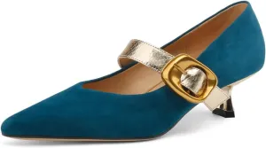 TinaCus Suede Leather Handmade Belt Buckle Women's Pointed Toe Kitten Heels Chic Pumps Shoes