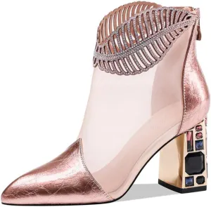 TinaCus Women's Genuine/Suede Leather with Mesh Pointed Toe Handmade Jewel High Chunky Heel Chic Ankle Boots with Back Zipper