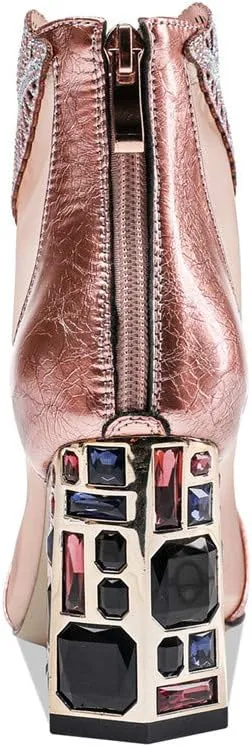 TinaCus Women's Genuine/Suede Leather with Mesh Pointed Toe Handmade Jewel High Chunky Heel Chic Ankle Boots with Back Zipper