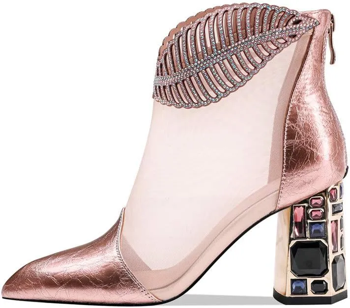 TinaCus Women's Genuine/Suede Leather with Mesh Pointed Toe Handmade Jewel High Chunky Heel Chic Ankle Boots with Back Zipper