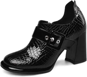 TinaCus Women's Handmade Patent Leather Round Toe Zip Up High Chunky Heel Chic Pumps Shoes with Buckle