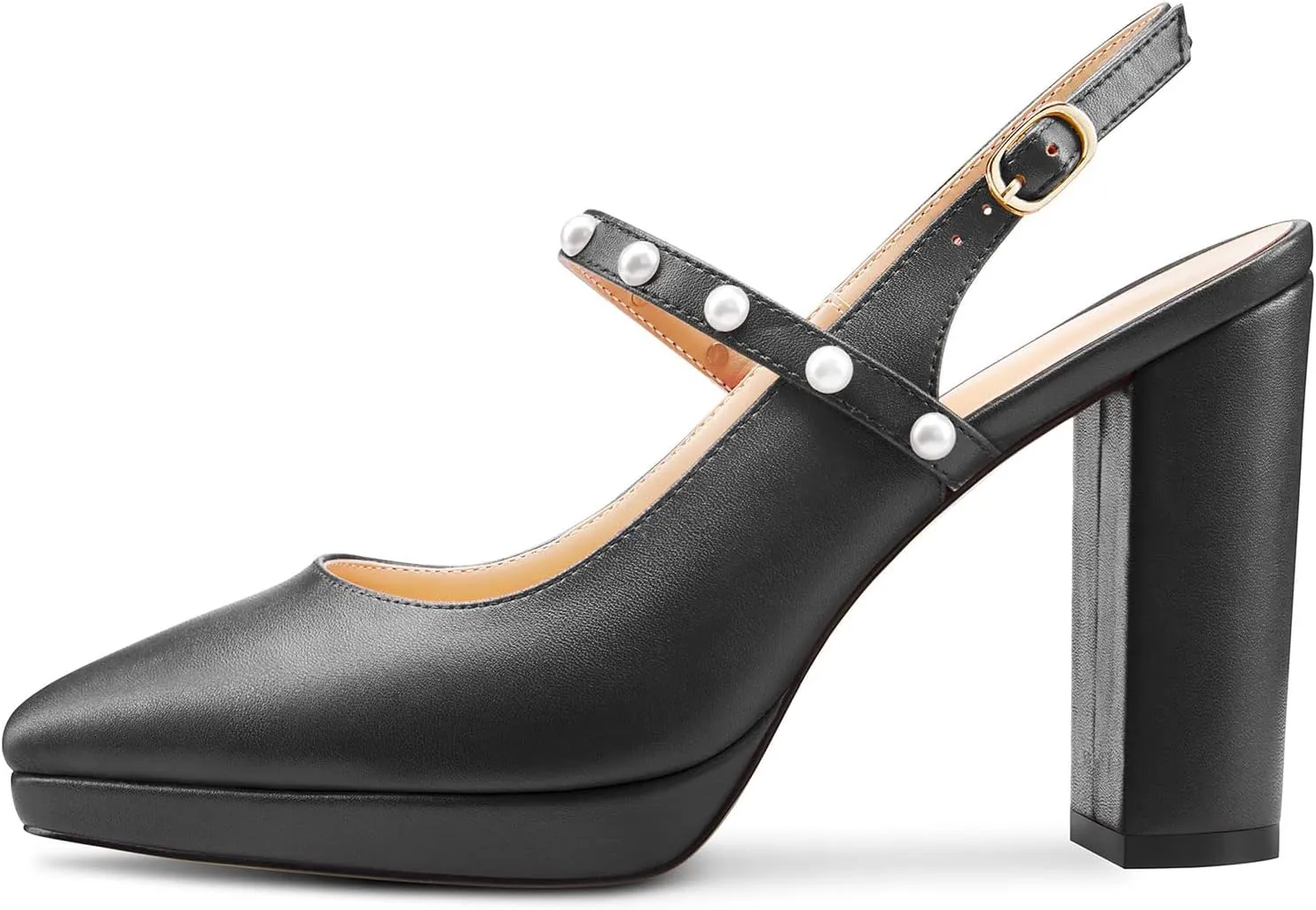 TNYNFBEB Womens Chunky Block High Heel Close Pointed Toe Pumps Ankle Strap Buckle Pearls Party Cute 3.9 Inches Heels