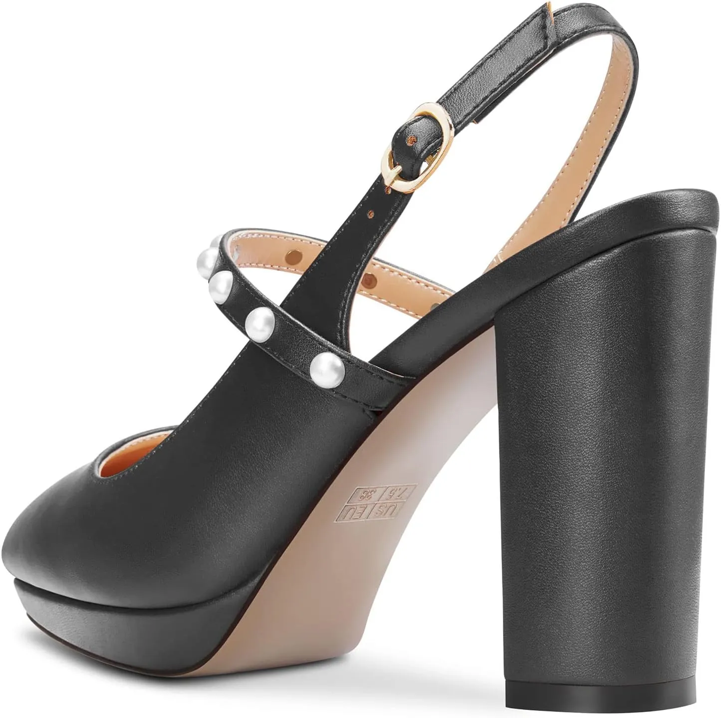 TNYNFBEB Womens Chunky Block High Heel Close Pointed Toe Pumps Ankle Strap Buckle Pearls Party Cute 3.9 Inches Heels