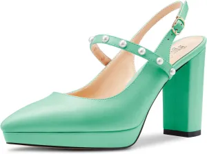 TNYNFBEB Womens Chunky Block High Heel Close Pointed Toe Pumps Ankle Strap Buckle Pearls Party Cute 3.9 Inches Heels