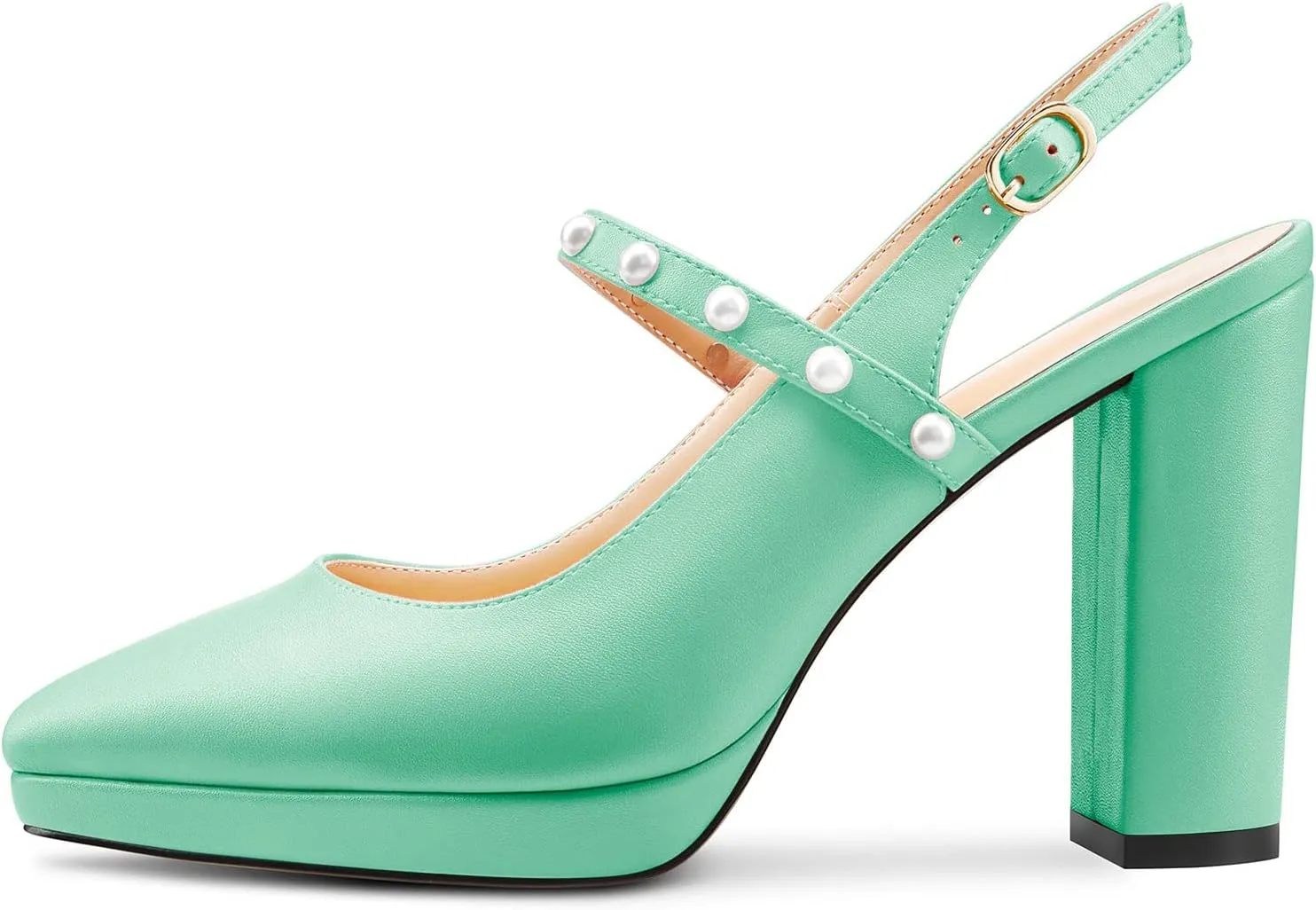 TNYNFBEB Womens Chunky Block High Heel Close Pointed Toe Pumps Ankle Strap Buckle Pearls Party Cute 3.9 Inches Heels